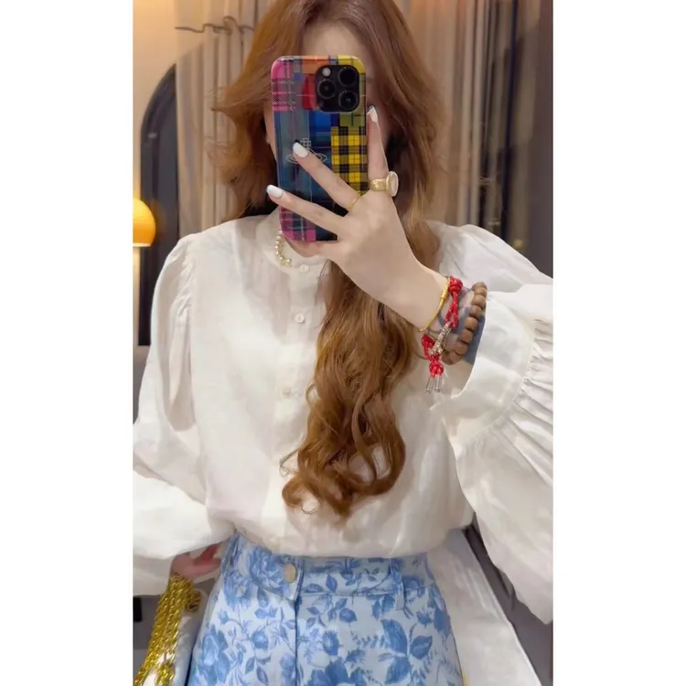 【柠檬奶贝]纯色圆领宽松防晒衬衫上衣★6169