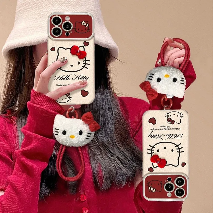 红色kt猫适用苹果16华为/vivo/oppo小米电镀大视窗贴皮手机壳