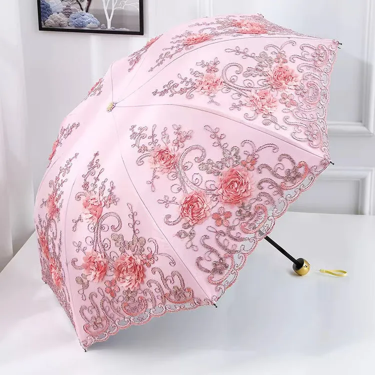 双层刺绣太阳伞遮阳伞防晒防紫外线黑胶三折叠高档雨伞女晴雨两用