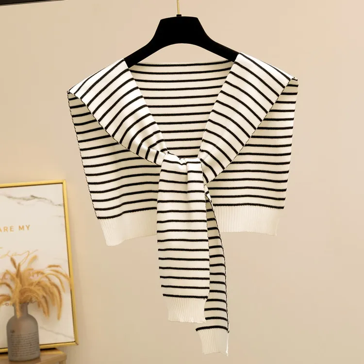 百搭时尚条纹披肩女2025新款针织坎肩韩版外搭斗篷配衬衫打结围巾