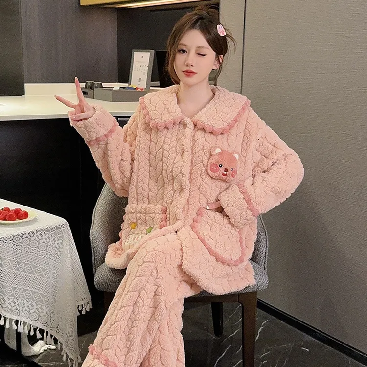 睡衣女士珊瑚绒秋冬季加绒加厚2024新款法兰绒卡通可爱家居服套装