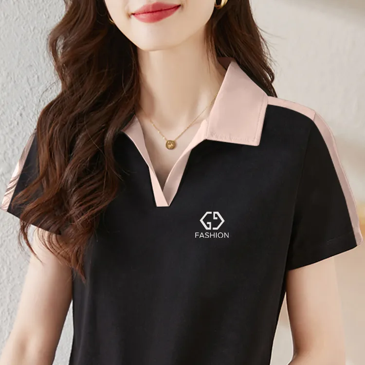 夏季POLO领冰丝短袖t恤女上衣中年显瘦夏装休闲印花修身女装体恤