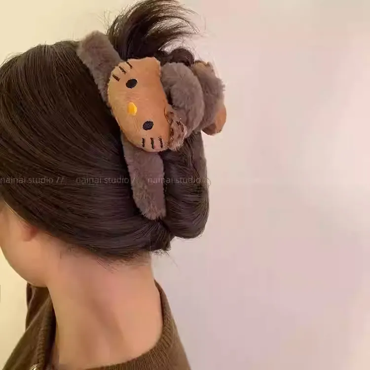 黑皮KT抓夹~毛绒绒卡通Kitty猫咪豹纹后脑勺盘发鲨鱼夹早秋发夹女