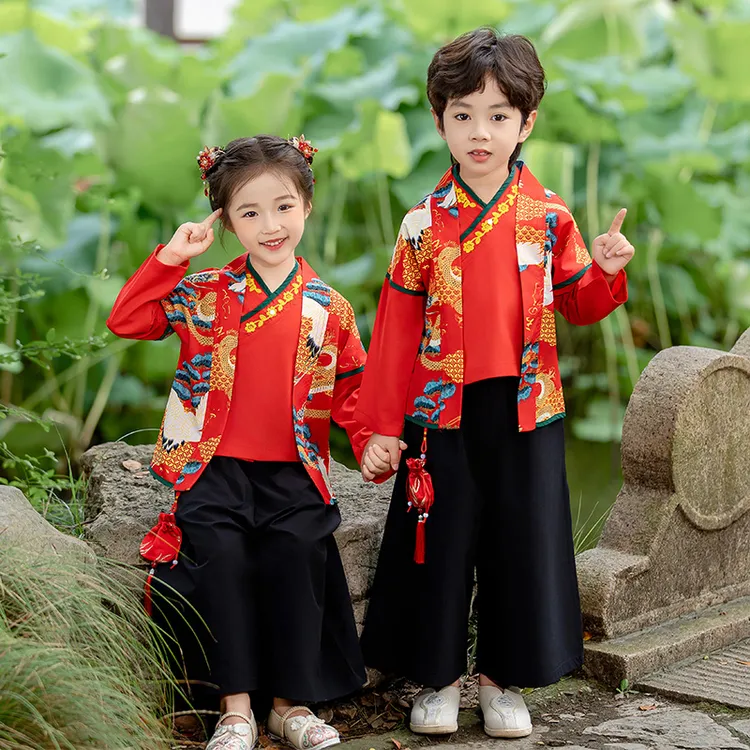 男童女童古装国学汉服套装秋季新款洋气时尚国风唐装演出表演服潮
