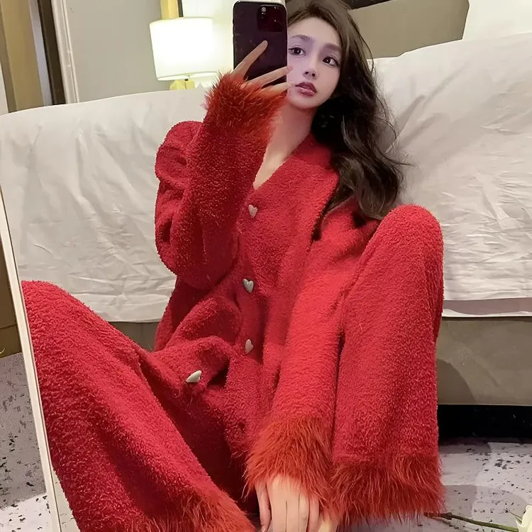 甜美红色高级秋冬季保暖半边绒结婚本命年软绵绵睡衣女新年家居服