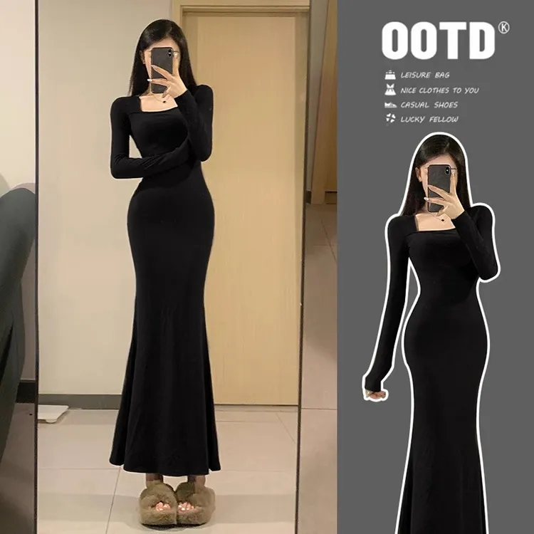 方领小妈黑色针织鱼尾包臀连衣裙女修身2024新款内搭长款裙子套装
