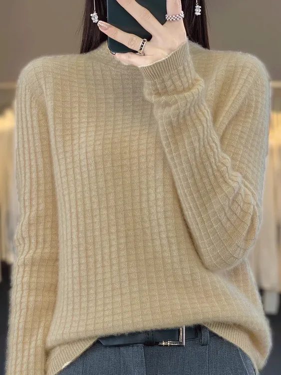 【一线成衣】100纯羊毛格纹中领打底衫纯羊毛衣针织衫YR003原绒杏