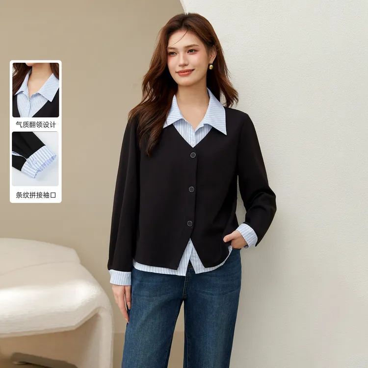 【学院风春秋设计感假两件条纹衬衫】纤莉秀W大码女装QJ4839商品图