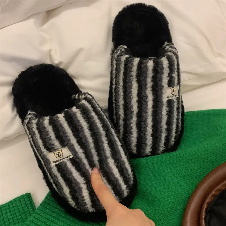 个性拼色条纹秋冬季棉拖鞋男女舒适防滑情侣居家平底高级感毛毛鞋