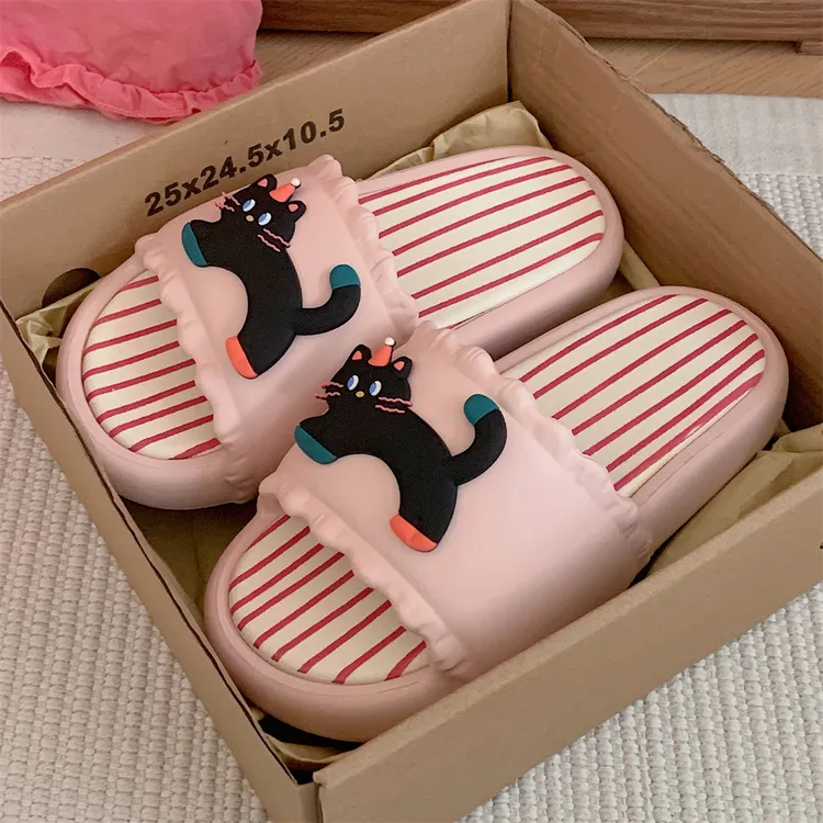 一字拖鞋女趣味黑色小猫日系创意条纹夏季学生休闲室外沙滩凉拖鞋