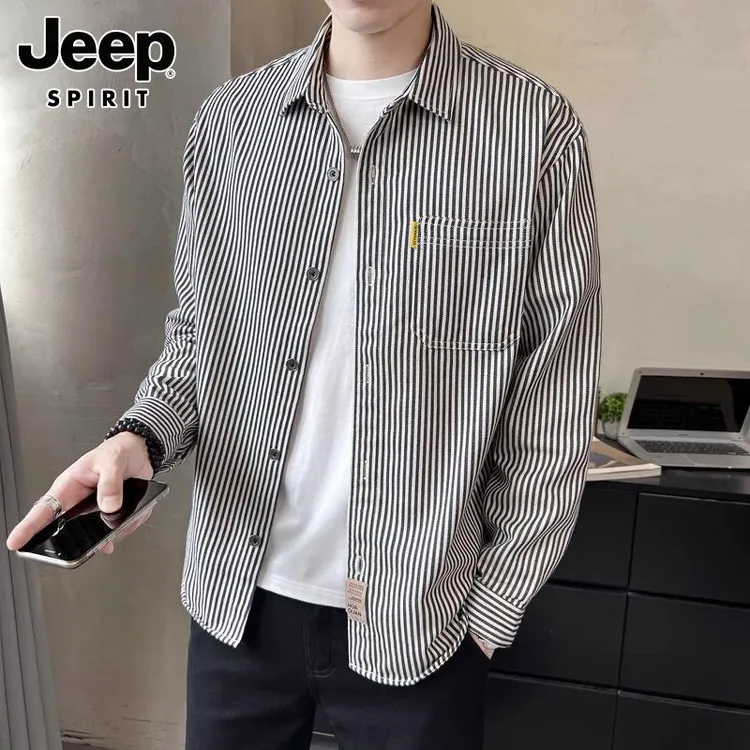 Jeep吉普条纹长袖衬衫外套男士春秋新款潮流韩版宽松百搭休闲衬衣