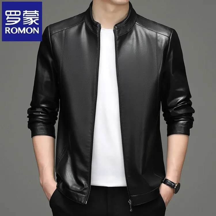 罗蒙时尚立领皮夹克春秋季高档防风商务男士潮流机车帅气皮衣外套