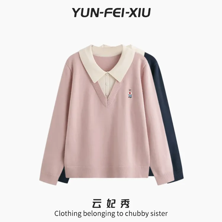 云妃秀大码女装针织衫时尚微胖宽松显瘦遮肉假两件潮春季女22773