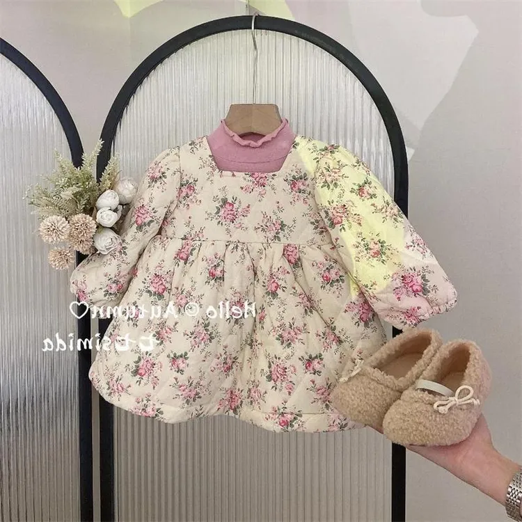 女童碎花棉裙套装新款春秋初冬女宝宝公主连衣裙德绒打底衫套