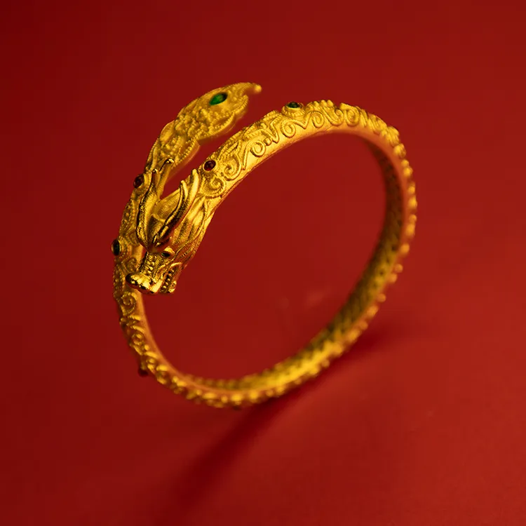 铜合金手镯 镀金哑光神龙摆尾开口手镯花丝古法龙头中国风国潮