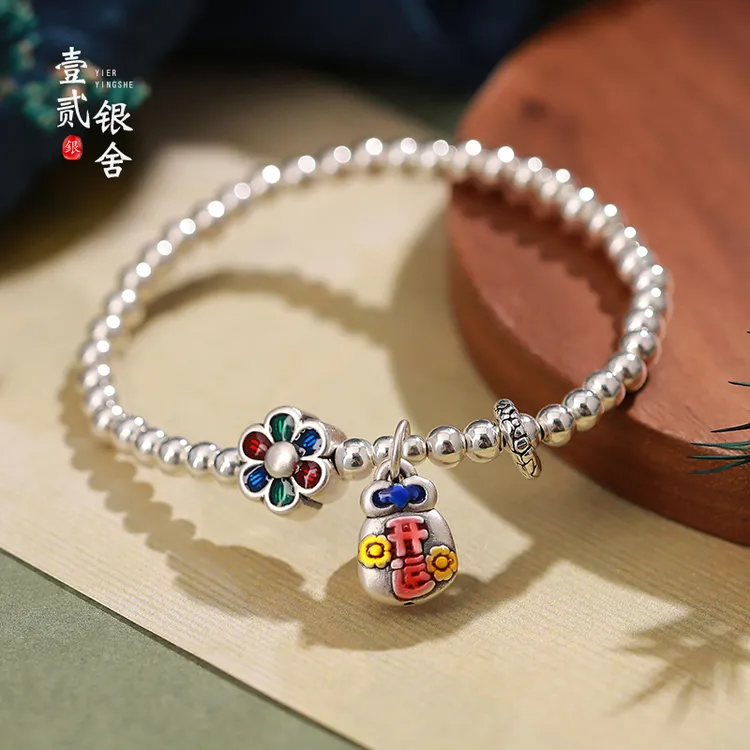 足银手链 好运花开 珐琅彩足银手链女纯银开运烧蓝饰品小银珠手串