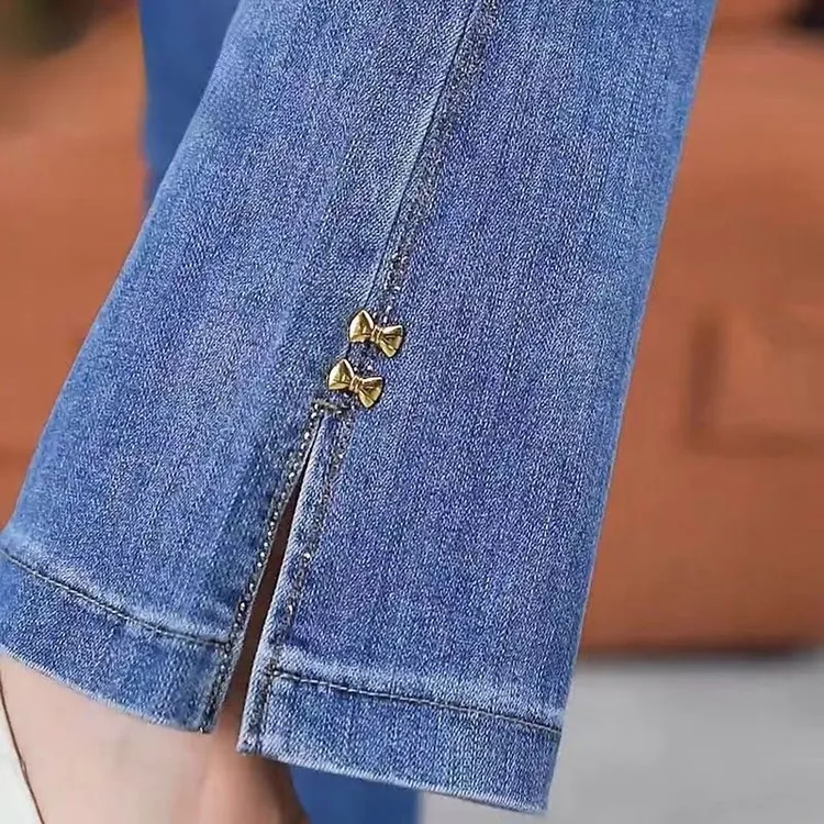 开叉喇叭裤阔腿裤微喇牛仔裤女春秋款时尚高腰直筒弹力显瘦长裤子