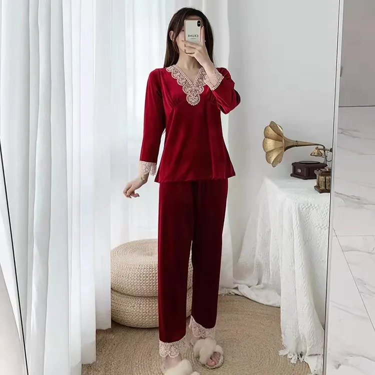 秋季新款女士长袖长裤套头睡衣家居服两件套80-160斤睡衣女套装