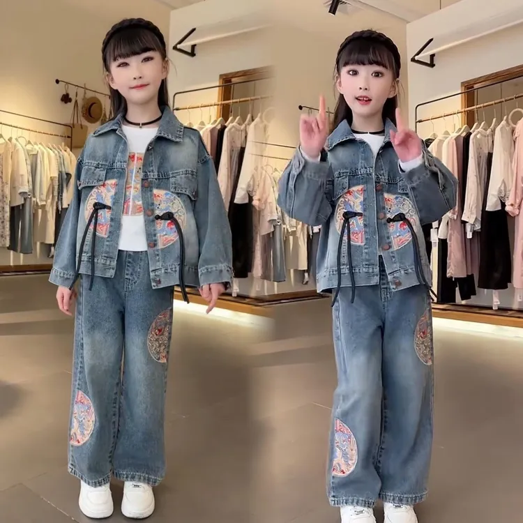 女童新款牛仔套装中大童网红秋装春秋外套时髦春装炸街外穿两件套