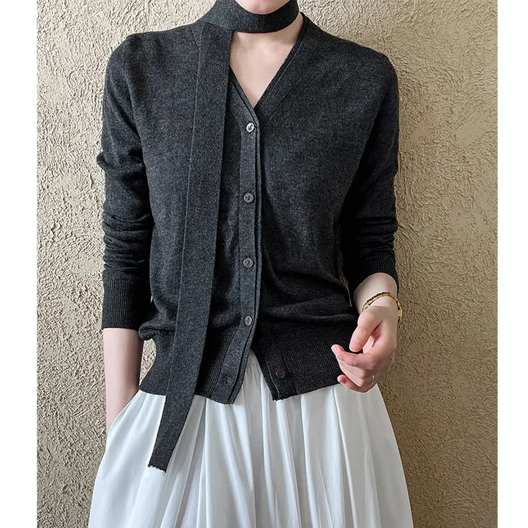 设计感V领飘带针织开衫女2024早秋季新款小众气质高级灰上衣外穿