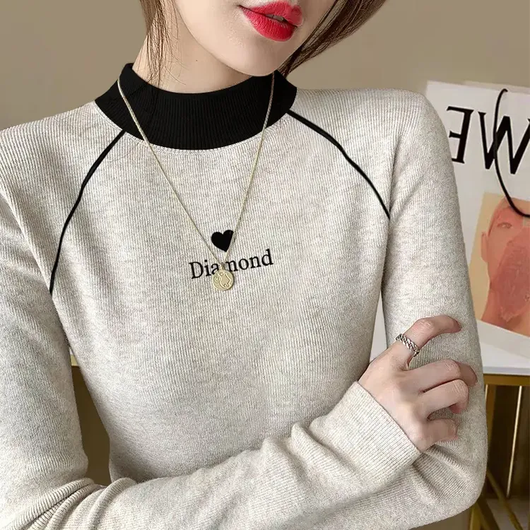 德绒半高领秋冬新款打底衫保暖撞色修身显瘦内搭设计感长袖T恤女