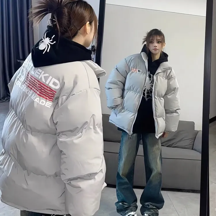 美式旗帜复古字母印花面包棉服男女冬季加厚国潮情侣高街棉衣外套