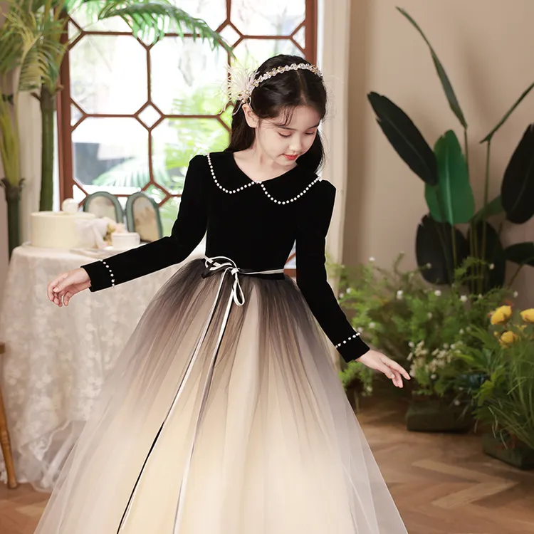 【肖邦夜曲】黑色丝绒高端女童秋冬演出长袖礼服 钢琴演奏主持礼服