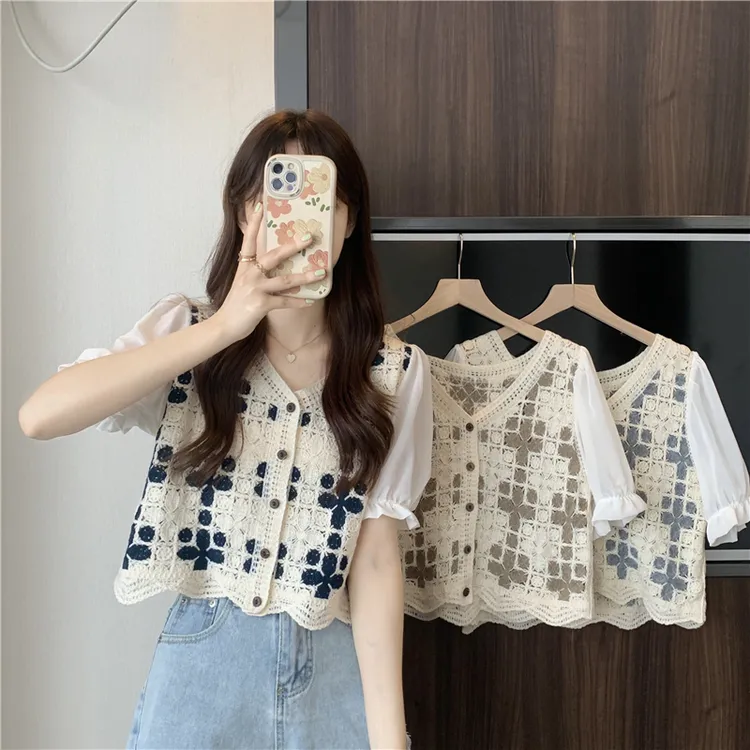 刺绣花朵短袖衬衣开衫2025夏季短款甜美气质碎花小众设计感上衣女