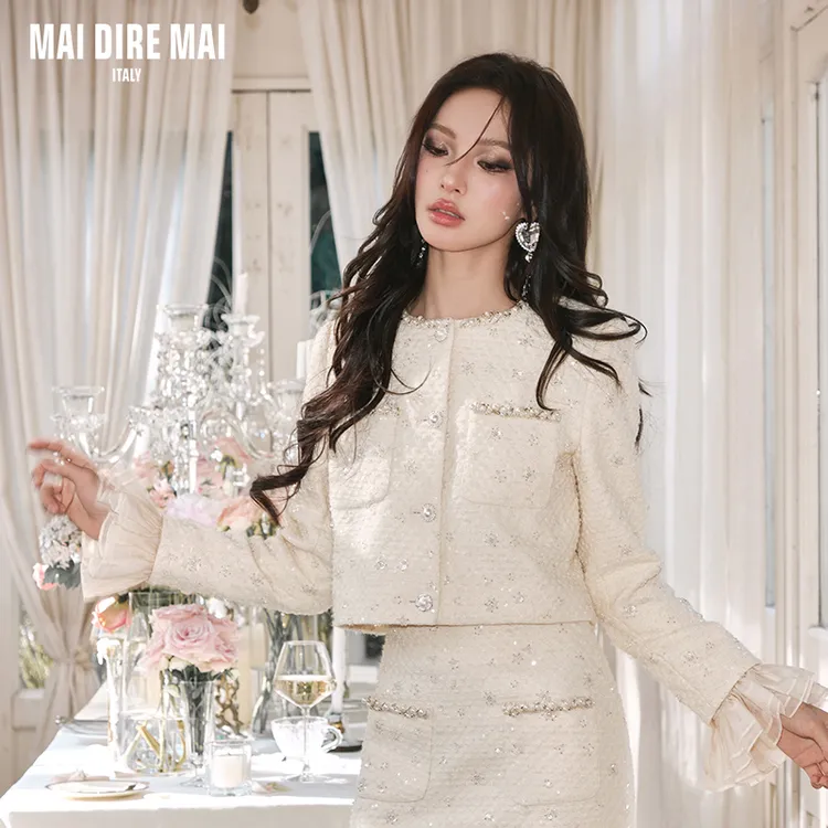 MaiDireMai奶油杏气质名媛套装小香风白色法式甜美秋冬粗花呢