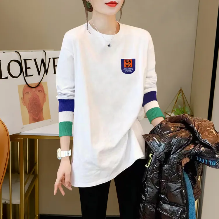 2024秋冬新款拼接长袖T恤女宽松时尚遮臀中长款打底外套内搭上衣