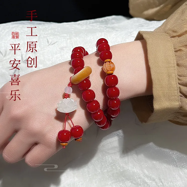 新品红菩提手串文艺风中式红菩提子双圈女款手持盘玩珠串文玩佛珠