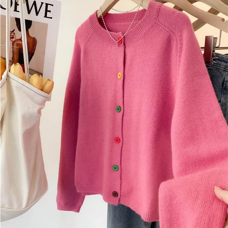 日系甜美气质减龄彩色纽扣针织开衫女春秋简约高级感软糯毛衣外套