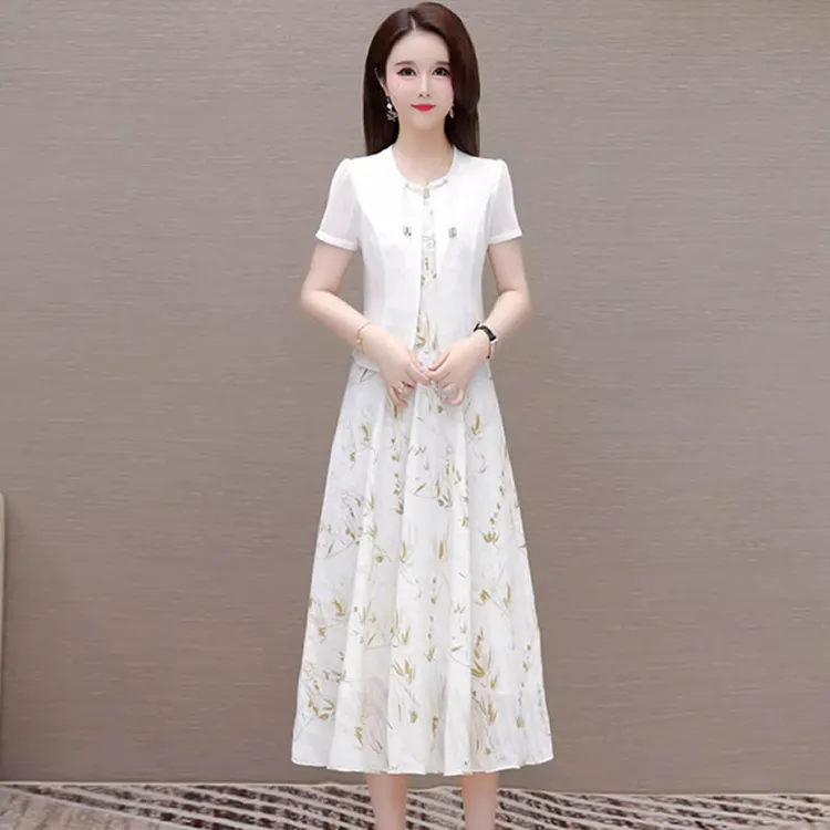 温柔范国风裙子套装2025新款夏季女新中式两件套中长款印花连衣裙