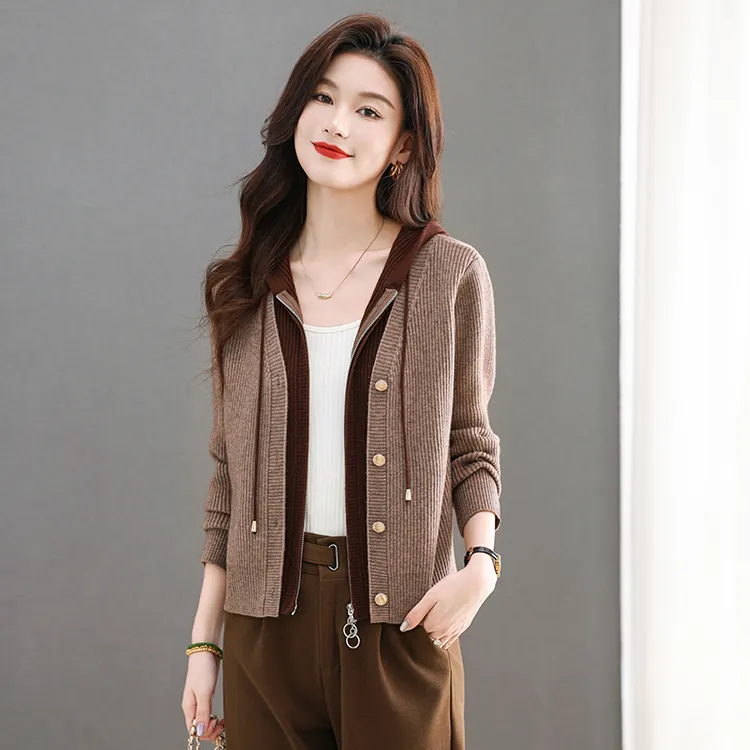 连帽假两件毛衣外套开衫女针织衫秋装2025新款女装时尚百搭设计感