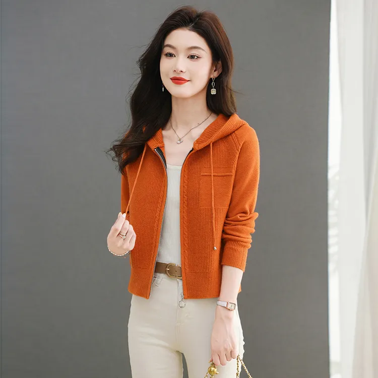 连帽针织衫开衫短款外套女秋装2025新款女装百搭时尚长袖毛衣春秋