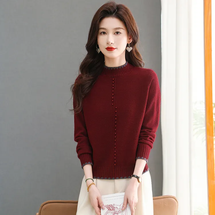 安哥拉红半高领钉珠毛衣女短款2025年新款秋冬宽松内搭针织打底衫