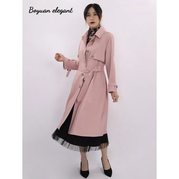 柏媛粉色风衣外套女2026气质高级感垂感中长款过膝显瘦英伦风大衣