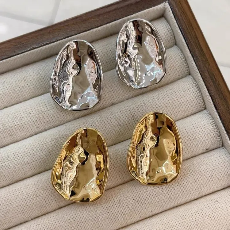 合金耳饰 日系同款耳环金属质感不规则手工肌理抽象耳钉轻奢
