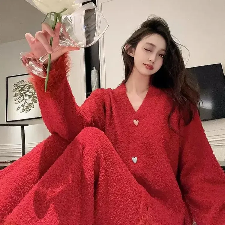 半边绒结婚本命年甜美红色高级软绵绵睡衣女秋冬季保暖可外穿春秋