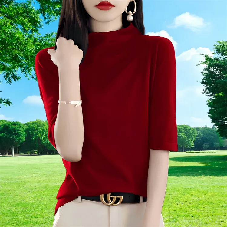 早秋季新款高级红色半高领五分袖打底上衣女装修身中袖正肩针织衫