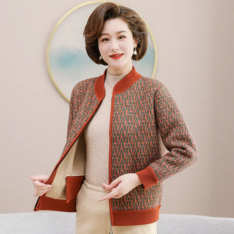 妈妈装秋冬新款弹力针织大码外套中老年人加绒加厚保暖开衫短外套