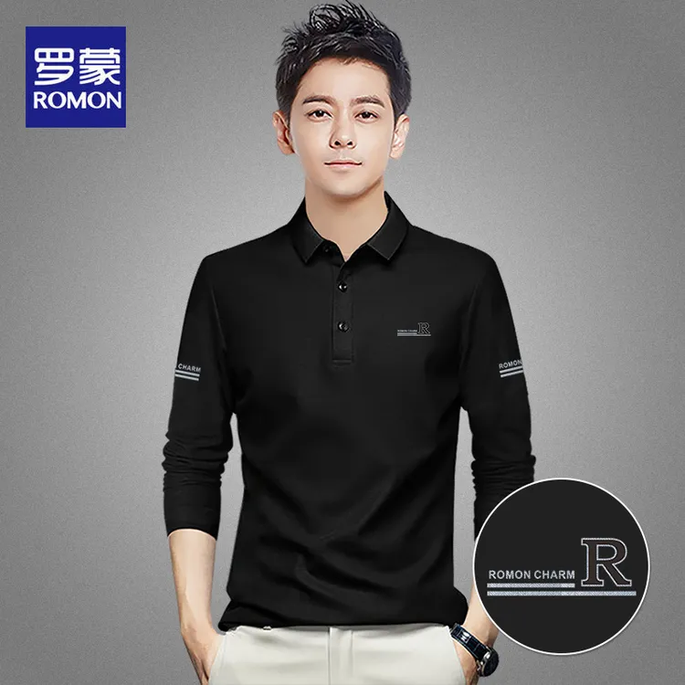 罗蒙翻领POLO衫男士长袖t恤春秋季新款商务中年爸爸装打底衫上衣