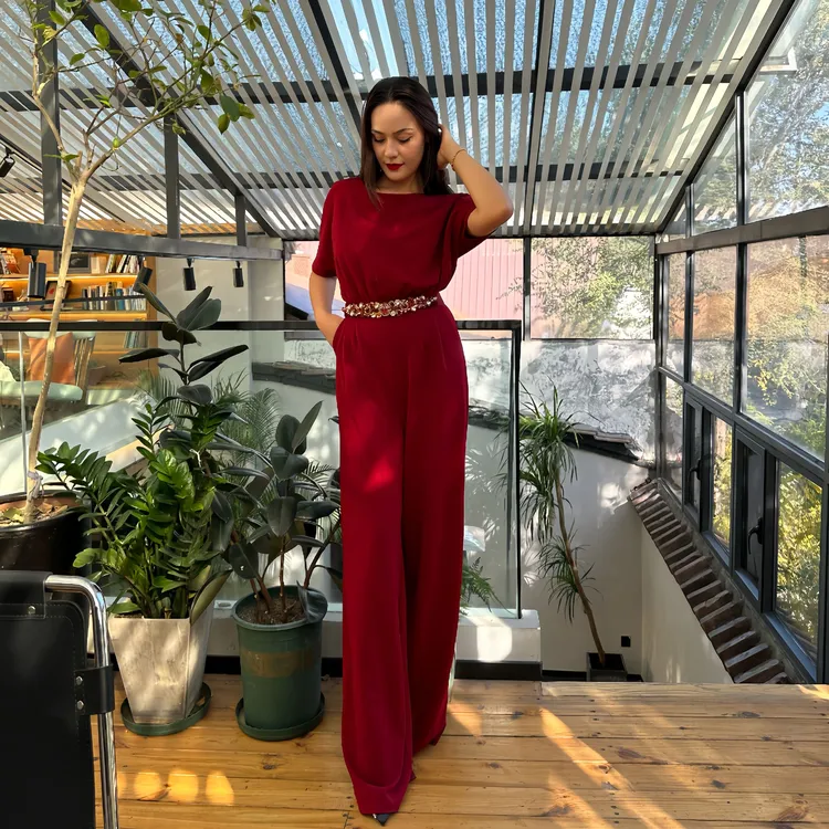 【新疆包邮】安可拉酒红色连体裤   显瘦气质女神时尚秋冬款