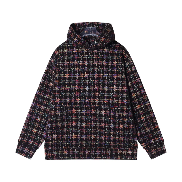 秋冬季新款重磅拼图碎片复古连帽编织套头潮流休闲时尚卫衣