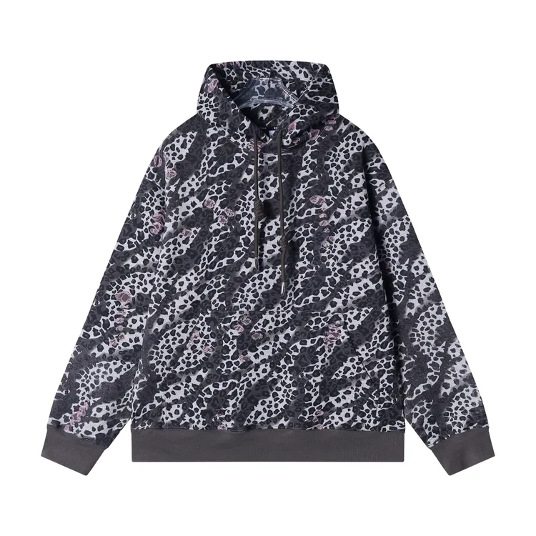 秋冬季新款时尚个性韩版豹纹磨破连帽卫衣休闲情侣百搭套头上衣