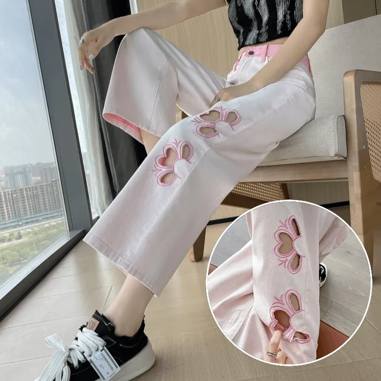 镂空牛仔直筒裤女九分小个子国风夏季薄款垂感高腰窄版粉色阔腿裤