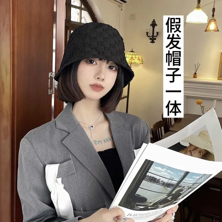 假发连帽一体泡泡格子渔夫帽假发短发仿真发自然女薄款时尚假发套