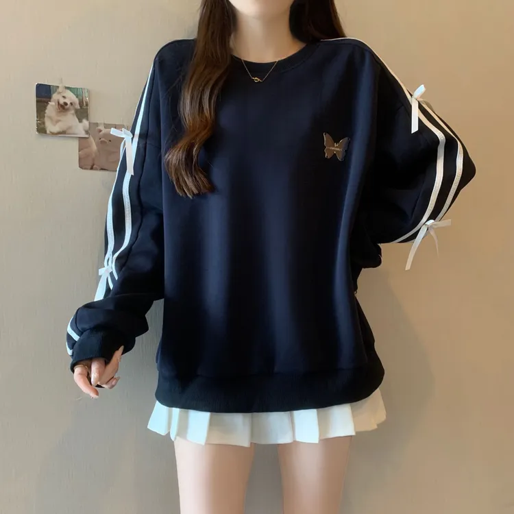 大码春秋季新款长袖套头卫衣胖妹妹宽松显瘦慵懒风立体蝴蝶结上衣