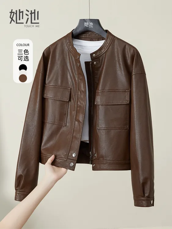 欧货设计感小众短款皮衣女2024春秋新款工装立领PU显瘦机车2212