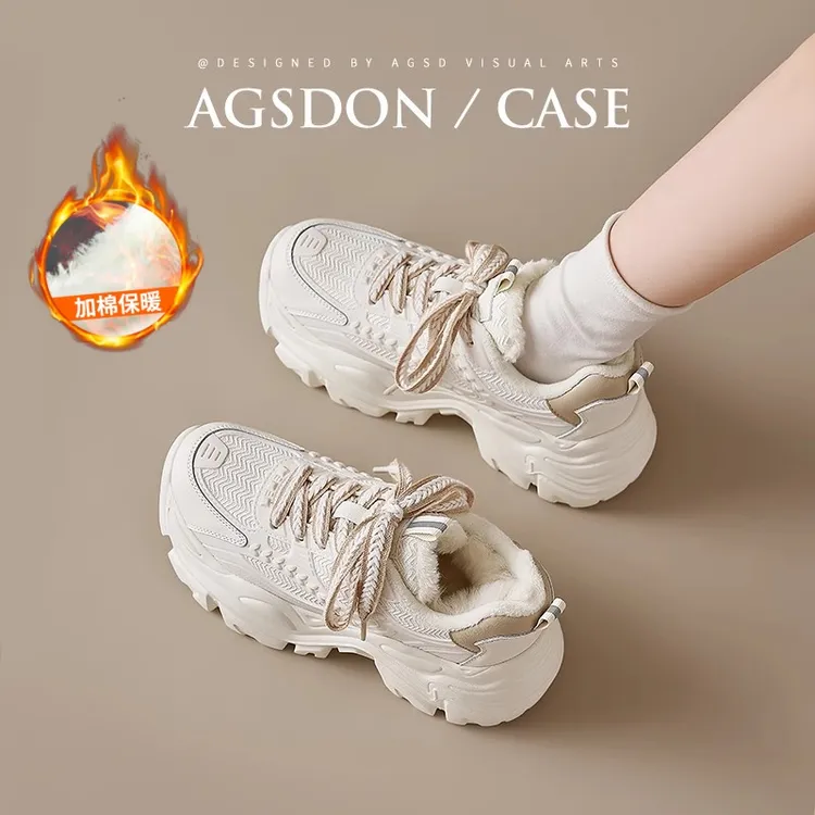 奥古狮登加绒老爹鞋女2025新款冬季厚底雪地靴阔腿裤小白鞋棉鞋xx